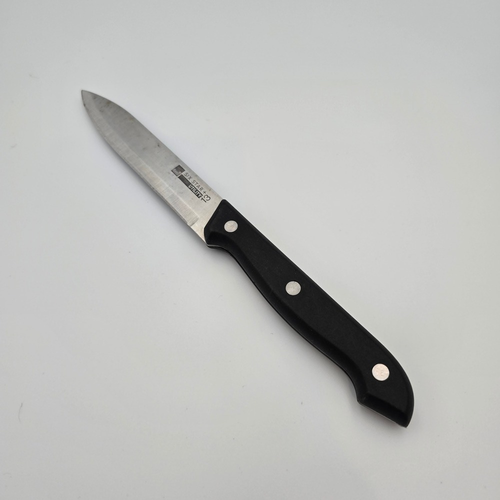 Ronco Six Star+ Utility Knife Stainless Steel Triple Rivet Black Handle.